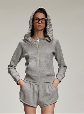 【LACERTA/莱瑟塔 设计师品牌】24AW浅灰色亮片拼接短款外套卫衣