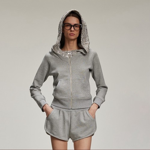 【LACERTA/莱瑟塔 设计师品牌】24AW浅灰色亮片拼接短款外套卫衣