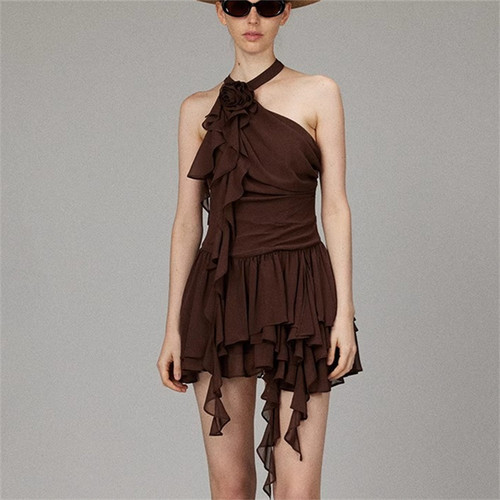 【LACERTA/莱瑟塔 设计师品牌】25夏季短裙斜肩花朵挂脖连衣裙