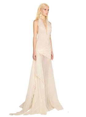 正品DATT越南小众品牌24春夏新款薄纱纠结V领拖尾连衣裙