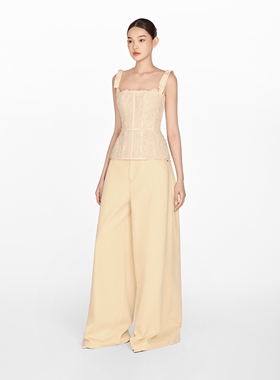 正品授权MONTSAND 24FW越南米色花朵蕾丝吊带宽腿牛仔裤套装