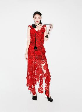 正品越南MUSTHAVE优雅气质红色蕾丝中长裙花边不对称连衣裙红色