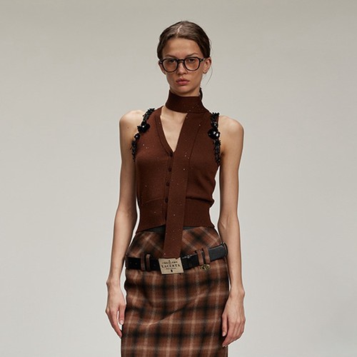 【LACERTA/莱瑟塔 设计师品牌】24AW V领珠片飘带紧身针织背心