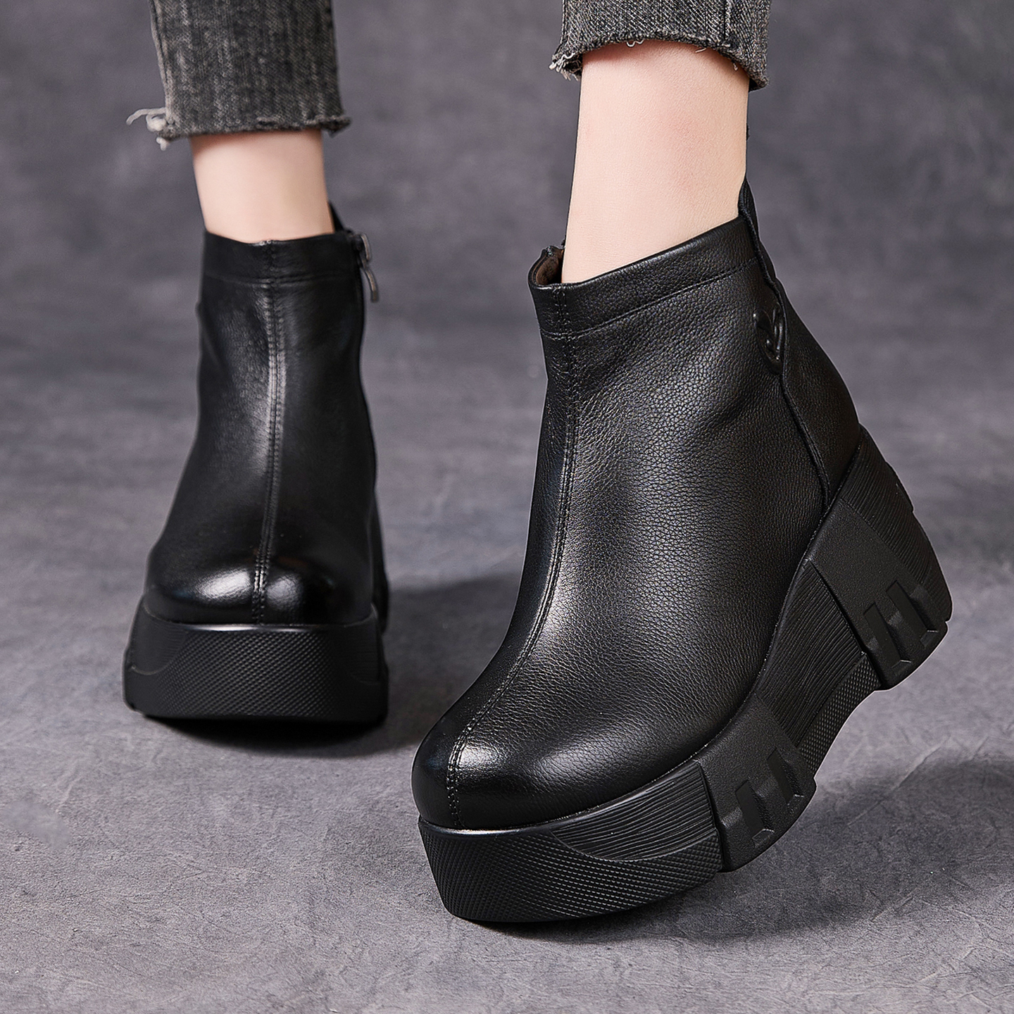 复古松糕单靴女防水台牛皮马丁靴