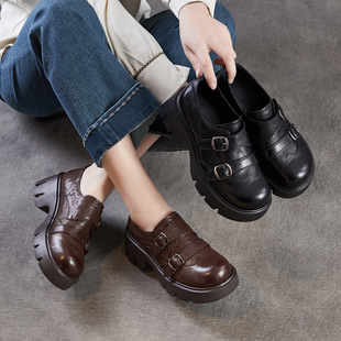 英伦复古乐福鞋女2026春新款厚底小个子粗跟真皮小皮鞋显脚小单鞋
