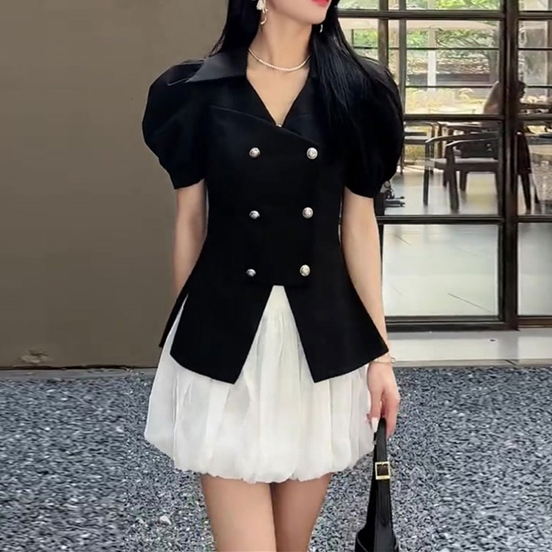 欧货名媛职业西服套装女2023夏季新款短袖小西装高腰蓬蓬裙两件套