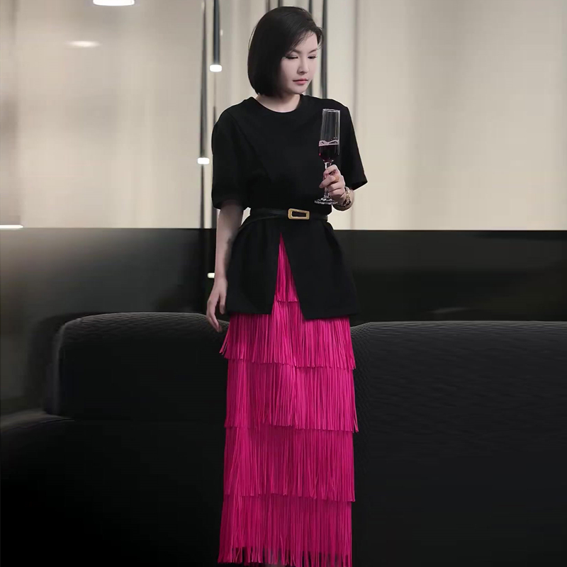 欧洲站简约设计感时尚套装女2023夏新款显瘦T恤流苏半身裙两件套