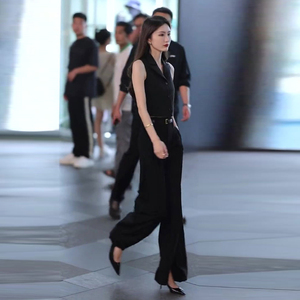 欧货显瘦时尚套装女2023夏款西装领高腰无袖马甲垂感阔腿裤两件套