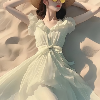 海边度假彩色艺术生那不勒斯裙子茶歇法式荷叶边雪纺连衣裙女夏季