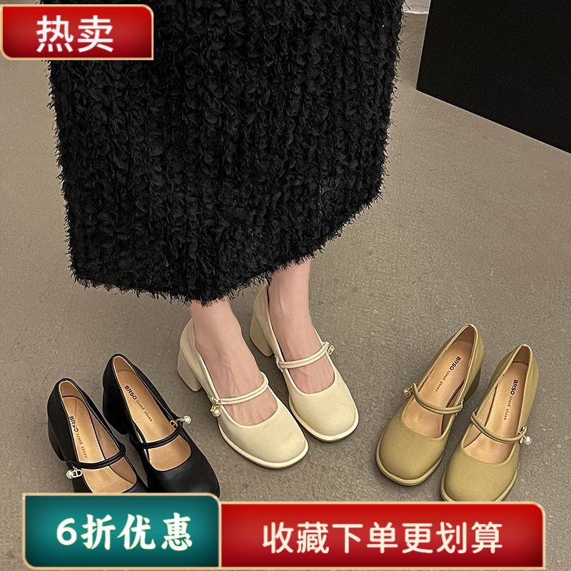 晚风新中式配旗袍珍珠粗跟高跟单鞋女春夏季时尚法式复古玛丽珍鞋