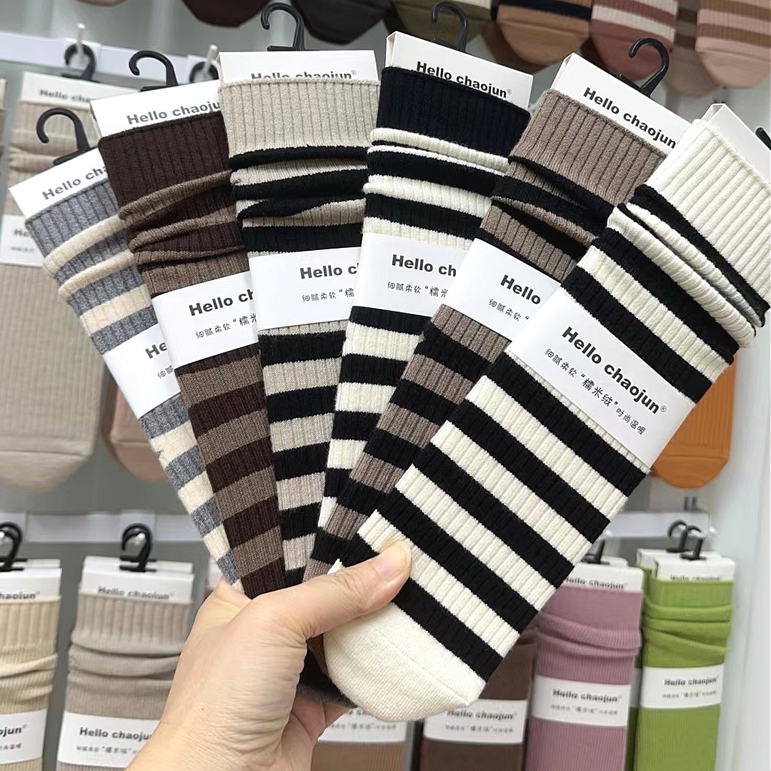 双针条纹羊绒袜子女冬款中筒堆堆袜潮运动复古长筒韩国保暖袜6803