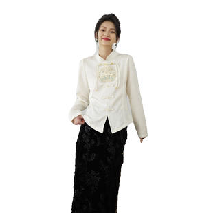 嘉茱莉春季新款新中式立领盘口衬衫女国风刺绣气质衬衣长袖上衣