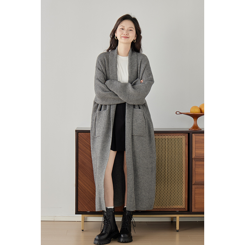 嘉茱莉2025春季新款长款针织开衫外套女宽松针织上衣V领毛衣毛衫