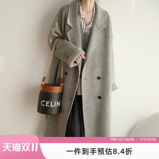 嘉茱莉秋冬新款 赫本风毛呢外套 韩系高级感双面呢大衣女灰色中长款