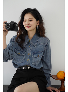 嘉茱莉新款软牛仔衬衫女薄款1OO天丝衬衫外套女复古牛仔上衣外套