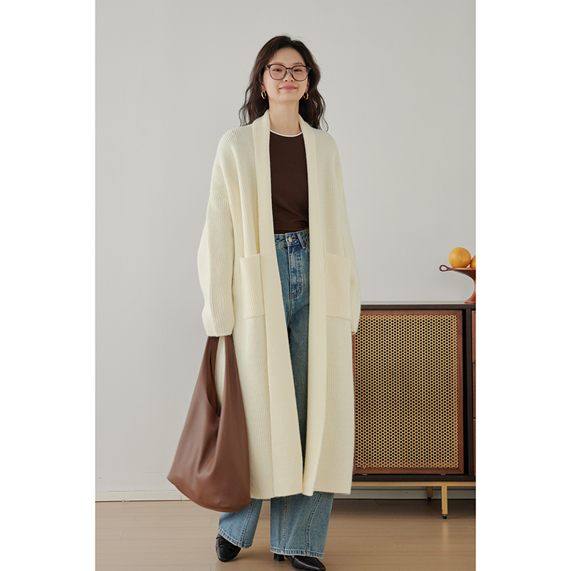 嘉茱莉2025春季新款长款针织开衫外套女宽松针织上衣V领毛衣毛衫