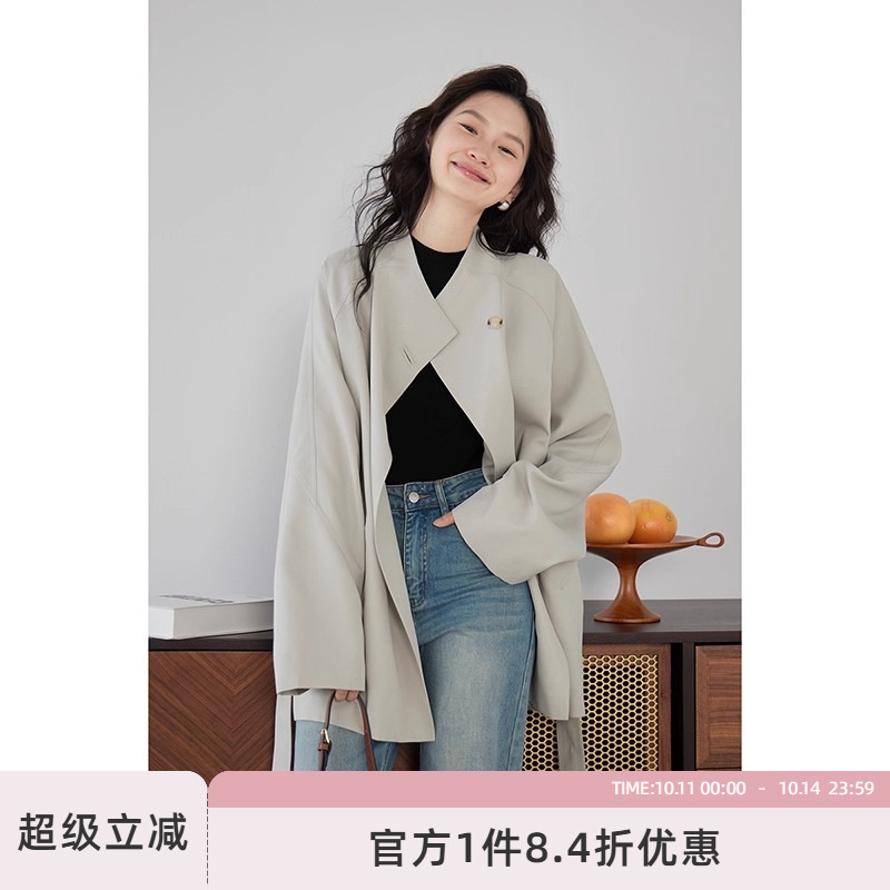 嘉茱莉高级感风衣外套女2025春季新款中长款上衣外套英伦风大衣