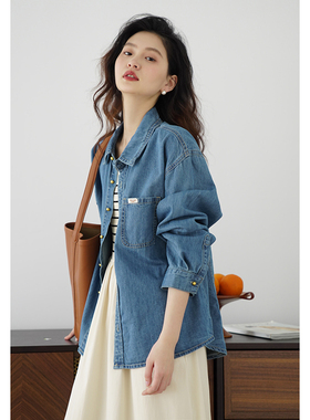 嘉茱莉2026春季新款复古牛仔外套女翻领牛仔衬衫宽松上衣1OO棉