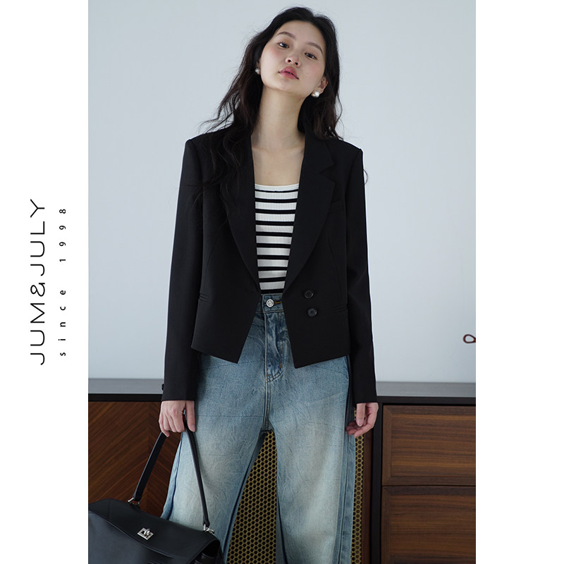 嘉茱莉小个子短款翻驳领西装外套女2025春季新款单排扣小西服上衣,女装/女士精品,西装,淘宝优惠券,粉丝福利购,淘宝优惠卷