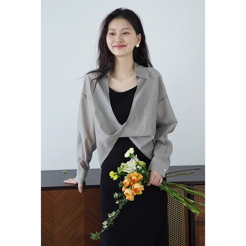 嘉茱莉天丝防晒V领扭结衬衫女