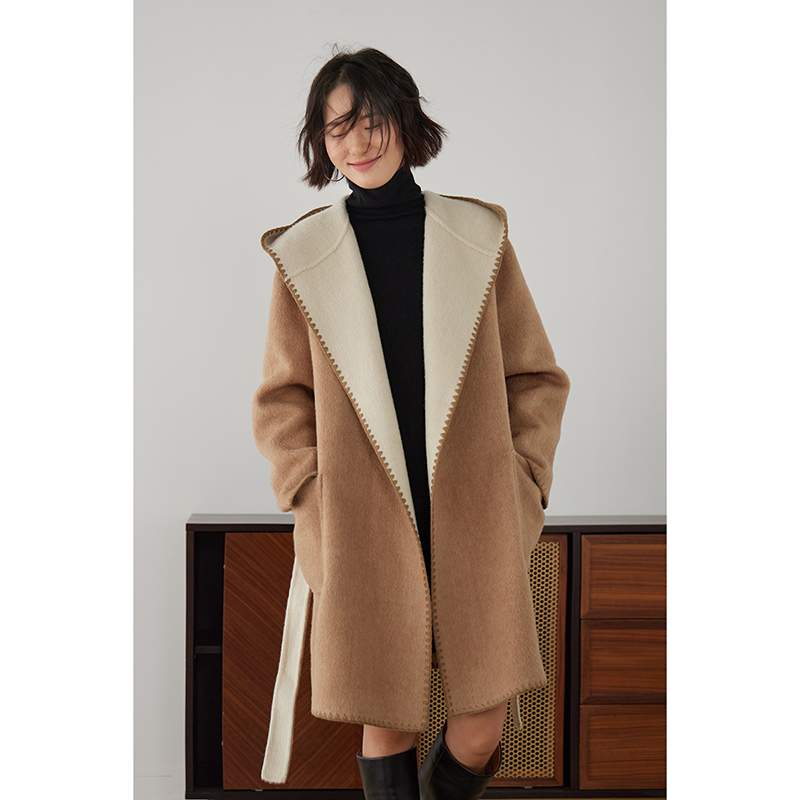 嘉茱莉2025秋冬新款连帽双面穿绵羊毛大衣女小个子中长款毛呢外套