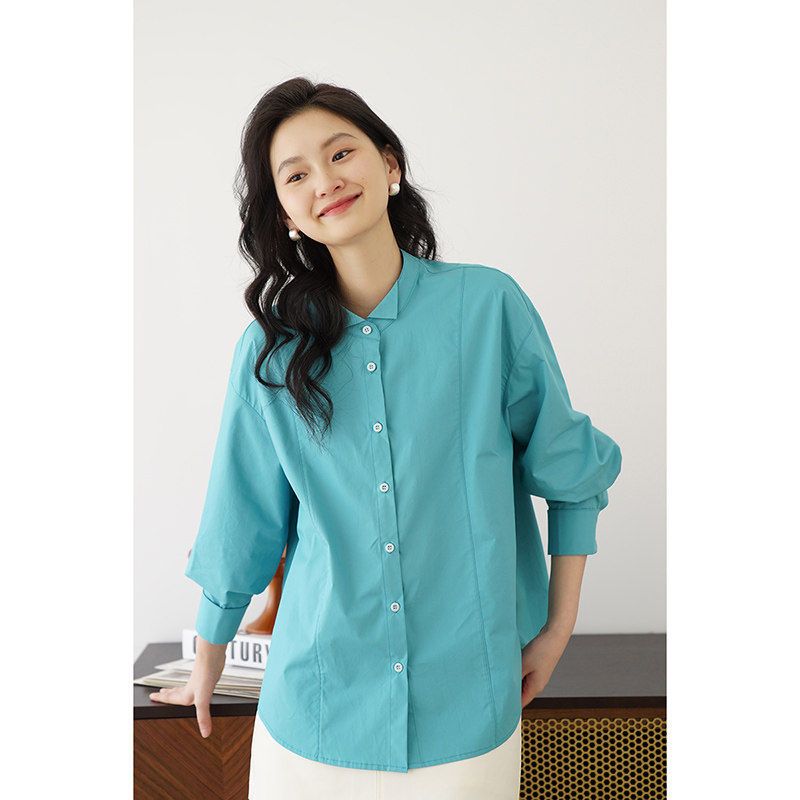 嘉茱莉设计感小众蓝色衬衫女2026春秋新款通勤休闲上衣薄款衬衣