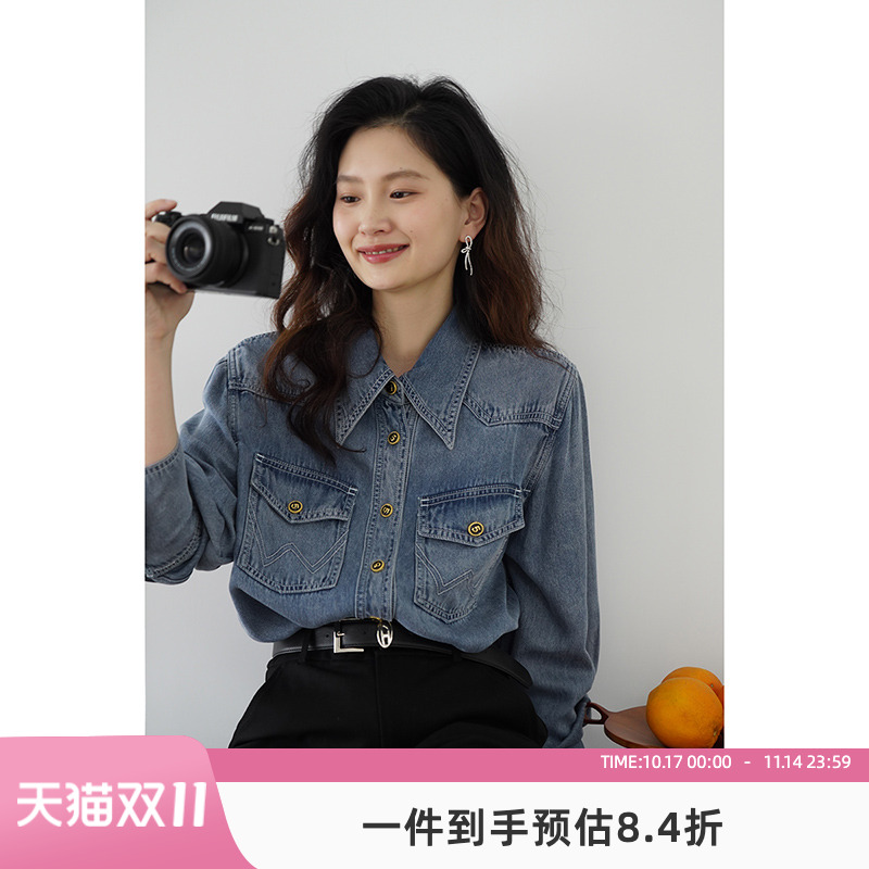 嘉茱莉宽松休闲长袖牛仔衬衫