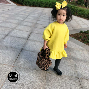 ：韩国进口春秋冬女童柔软可爱加绒加厚泡泡袖鱼尾卫衣连衣裙