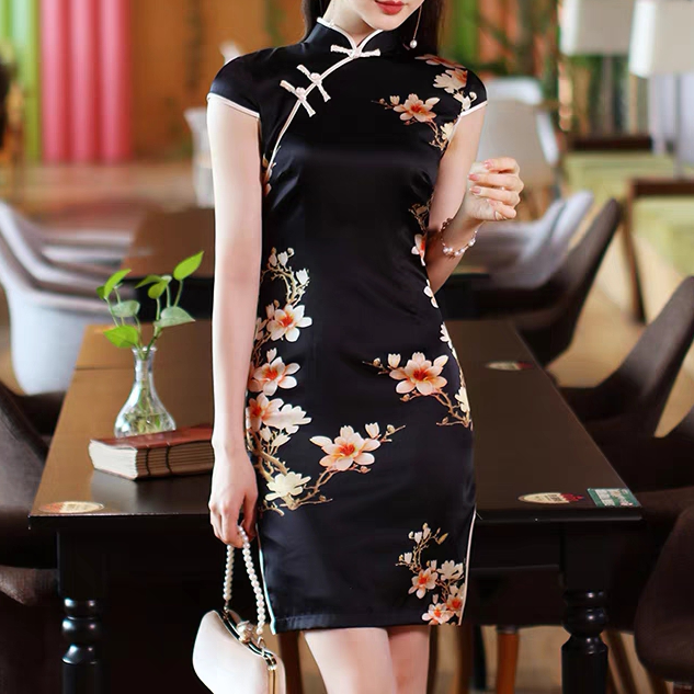 女士修身显瘦桑蚕丝国风短款旗袍