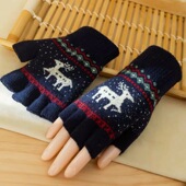 保暖毛线手套半指秋冬加厚针织男女同款 弹力 学生写字办公卡通韩版