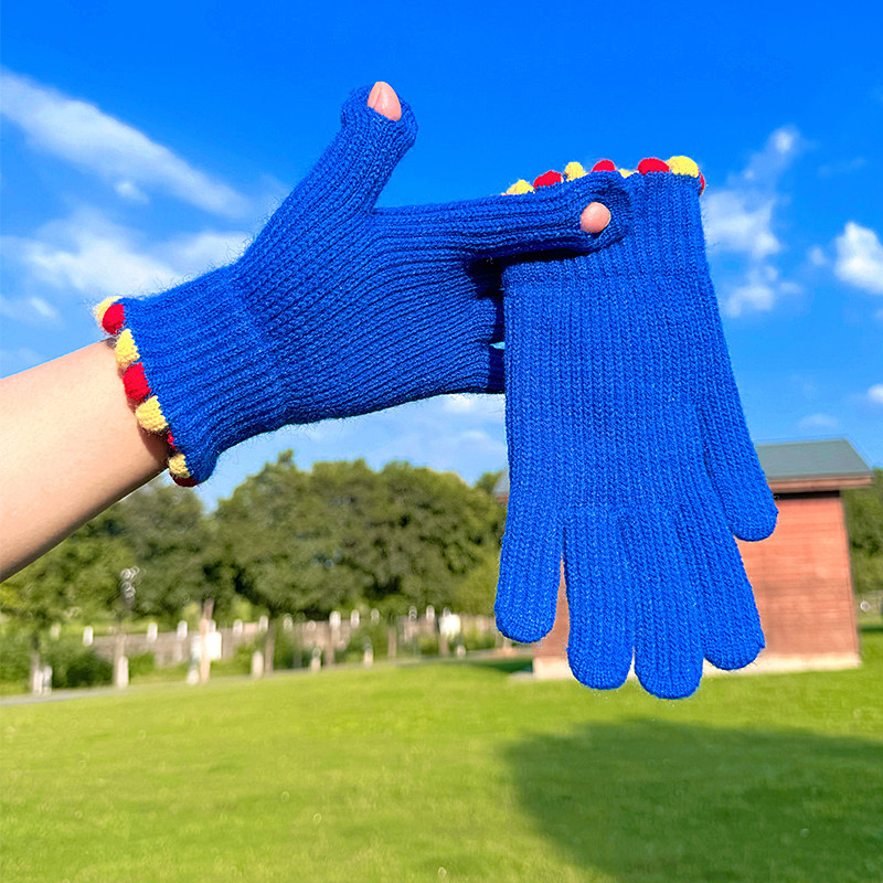 糖豆秋冬漏指触屏保暖手套女款