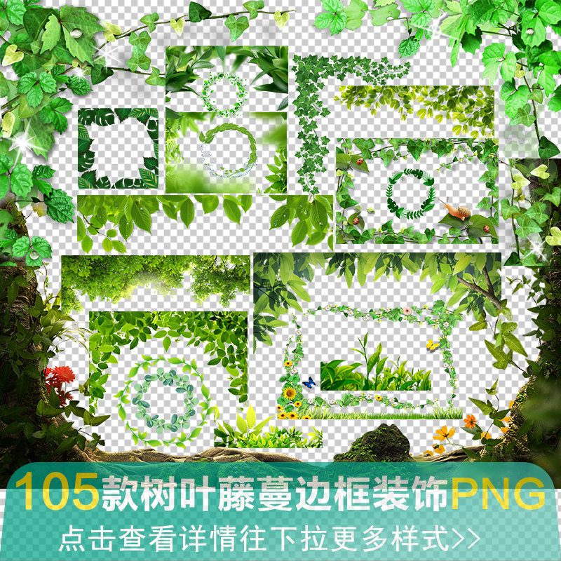 清新自然绿叶藤蔓叶子边框 热带植物树叶春夏季装饰免抠png素材图
