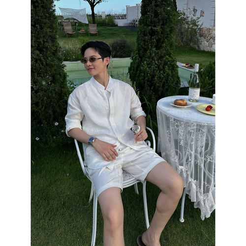 AlderMere 纯麻系列 男装夏季极简暗门襟立领松弛亚麻长袖衬衫