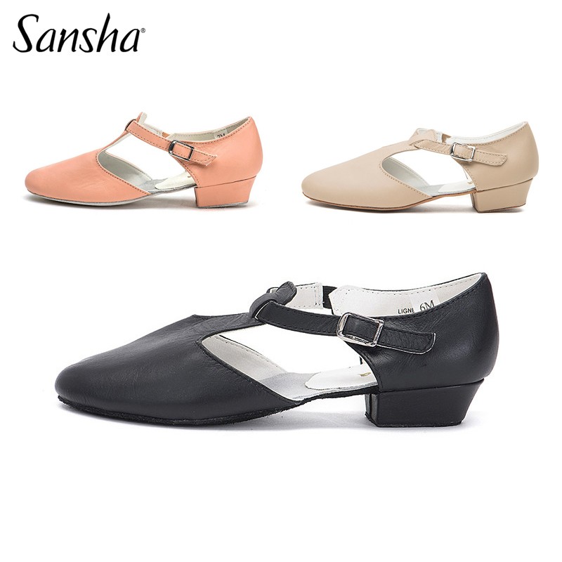 正品Sansha三沙教师鞋女练功鞋带跟真皮舞蹈鞋软底考级鞋性格舞鞋