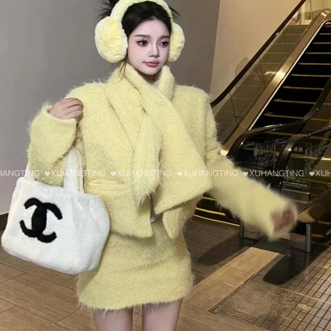 羽绒内胆小香风毛呢外套女套装冬时尚套装