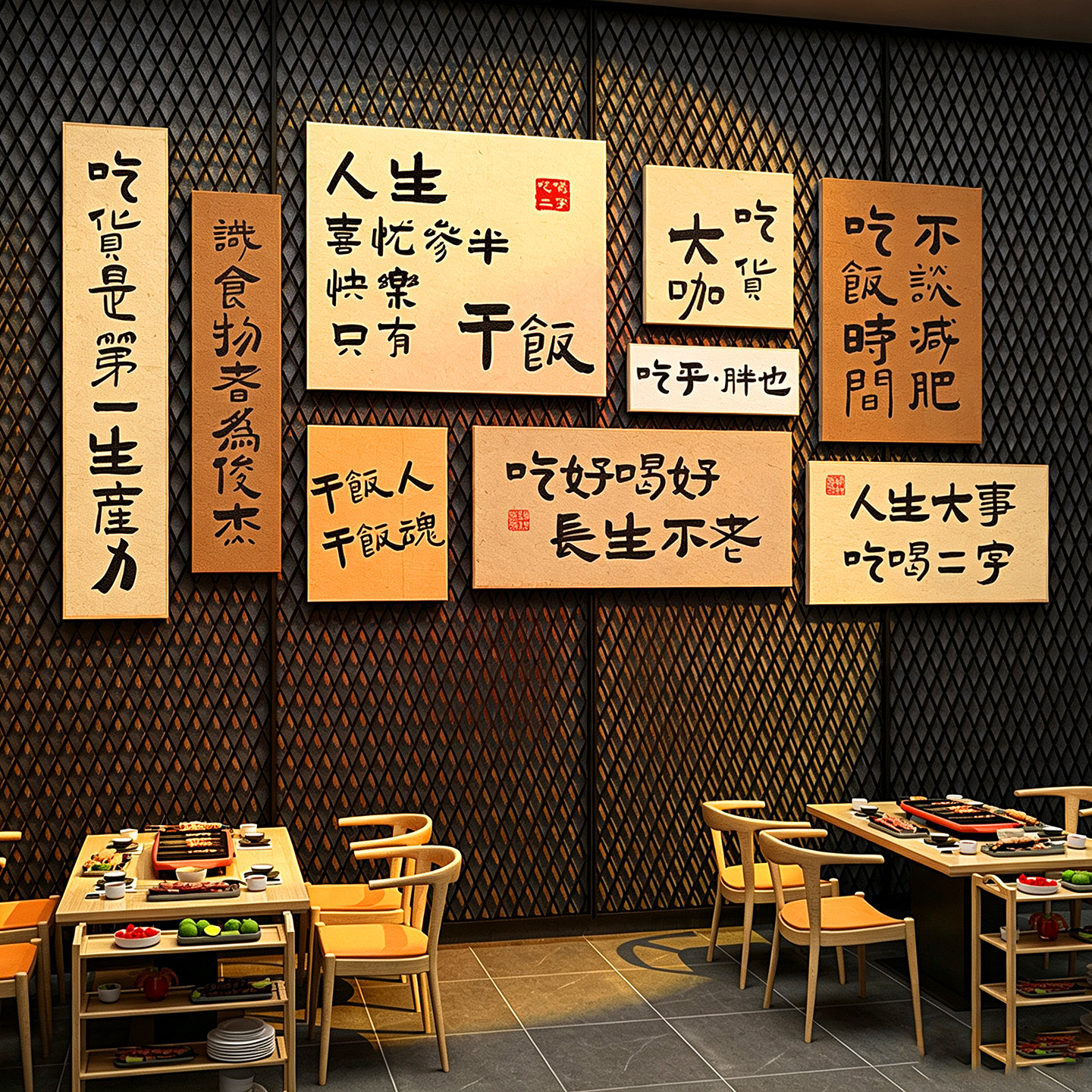 网红打卡拍照区背景墙布置烧烤烤肉火锅小吃餐饮饭店创意墙面装饰