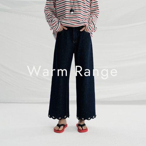 Warm Range刺绣花边棉麻中腰牛仔裤女复古感原牛直筒裤百搭九分裤
