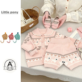 短裤 女宝宝春季 两件套洋气 韩版 甜美粉色针织开衫 新款 可爱针织套装