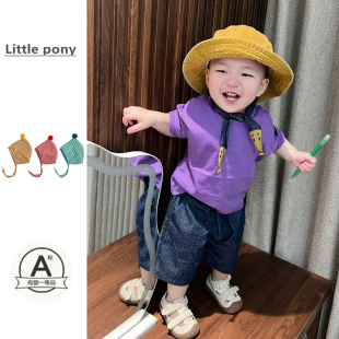 新款 两件套休闲装 套装 上衣牛仔短裤 男女宝宝纯色短袖 儿童衣服夏季