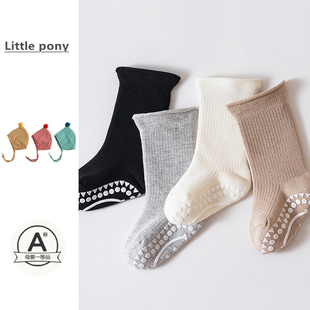 婴儿袜子秋季 男女宝宝纯色百搭中筒学步袜儿童防滑点胶地板袜 新款