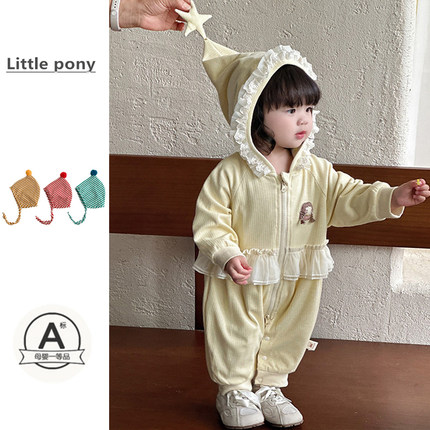 婴儿秋季新款连体衣女宝宝韩版可爱卡通连帽爬服女童洋气连身哈衣