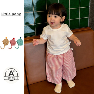 子婴儿韩版 裤 新款 百搭宽松直筒裤 防蚊裤 可爱条纹休闲裤 女宝宝夏季