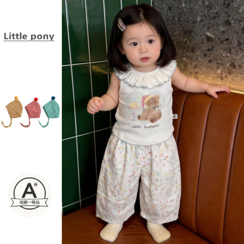 儿童夏季新款裤子女宝宝可爱碎花长裤薄款透气防蚊裤无袖背心套装