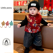 男宝宝中国风棉马甲三件套秋冬新款 拜年服国风花卉新年周岁服套装