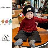 儿童秋冬新款 两件套 红色针织开衫 毛呢长裤 男女宝宝保暖加厚直筒裤