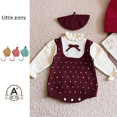 婴幼儿秋冬新款 针织包屁衣女宝宝韩版 可爱波点假两件针织三角爬服