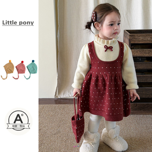 女童秋冬新款公主风波点长袖毛衣裙女宝宝花边领假两件针织连衣裙