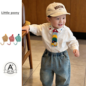 新款 长袖 衬衫 婴儿2026春季 男宝宝可爱卡通领结衬衣牛仔裤 两件套潮