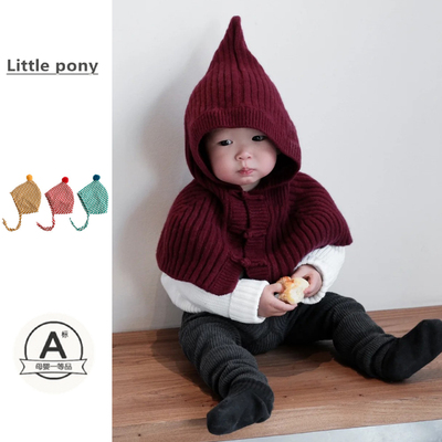 婴儿连帽斗篷帽男女童冬季加厚保暖红色针织披肩帽可爱百搭防风帽