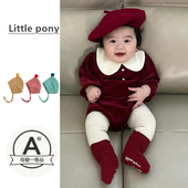 小宝宝新年服婴儿秋冬外出三角爬服女童娃娃翻领可爱丝绒连体衣